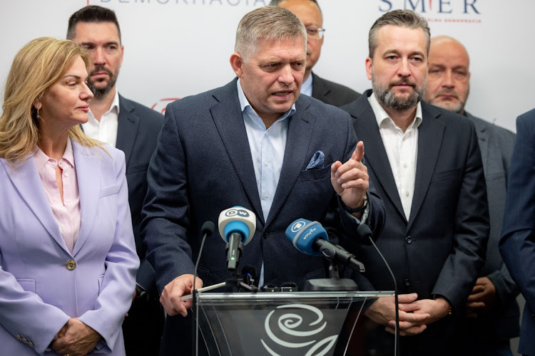 Robert Fico speaks to the media a day after Slovak parliamentary elections in which SMER-SSD finished in first place with more than 23% of votes, in Bratislava, Slovakia, October 1 2023. Picture: JANOS KUMMER/GETTY IMAGES