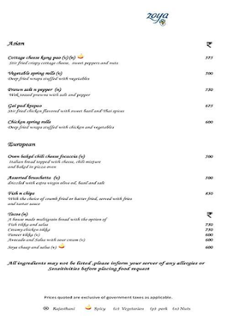 Zoya menu 