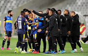 Cape Town City players celebrate the opening goal of the game scored by Kermit Erasmus during the Absa Premiership 2019/20 game between Cape Town City and Polokwane City at Cape Town Stadium on 6 November 2019.