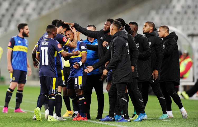 Cape Town City players celebrating a goal. The team's chairman John Comitis opened up about how he got his players' buy-in about the Covid-19 imposed pay cut.