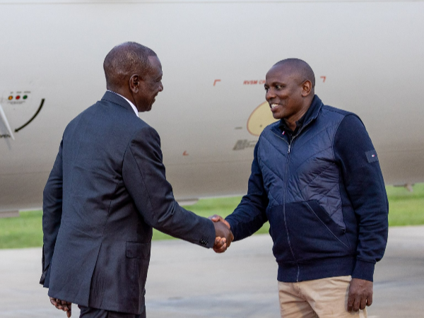 President William Ruto is welcomed by Leader of Majority Kimani Ichung'wah on arrival in Busia for an Interdenominational Church service, Machakusi, Teso, January 21, 2024.