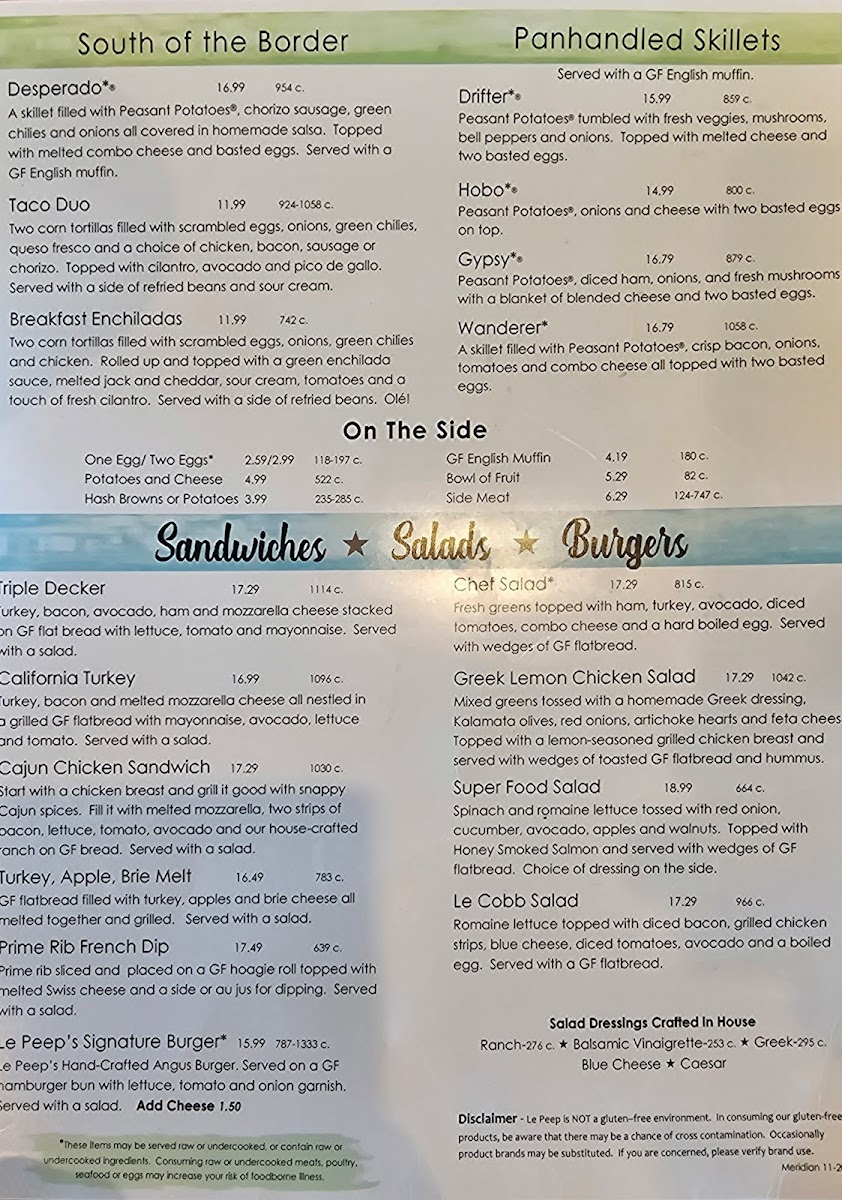 Le Peep gluten-free menu