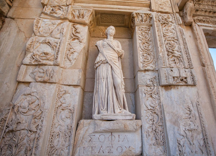 Four statues on the front side of the Library of Celsus depict Wisdom, Virtue, Intellect and Knowledge.