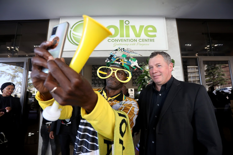 Former Bafana Bafana player George Dearnaley and Saddam Maake at the funeral of Clive Barker at Olive Convention Centre in Durban.