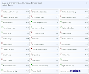 Bhandari Indian, Chinese & Tandoor Seek Kabab Corner menu 