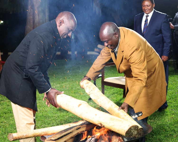 Presient William Ruto and Deputy President Rigathi Gachagua set up fire moments before an interview at Sagana State Lodge on August 6, 2023