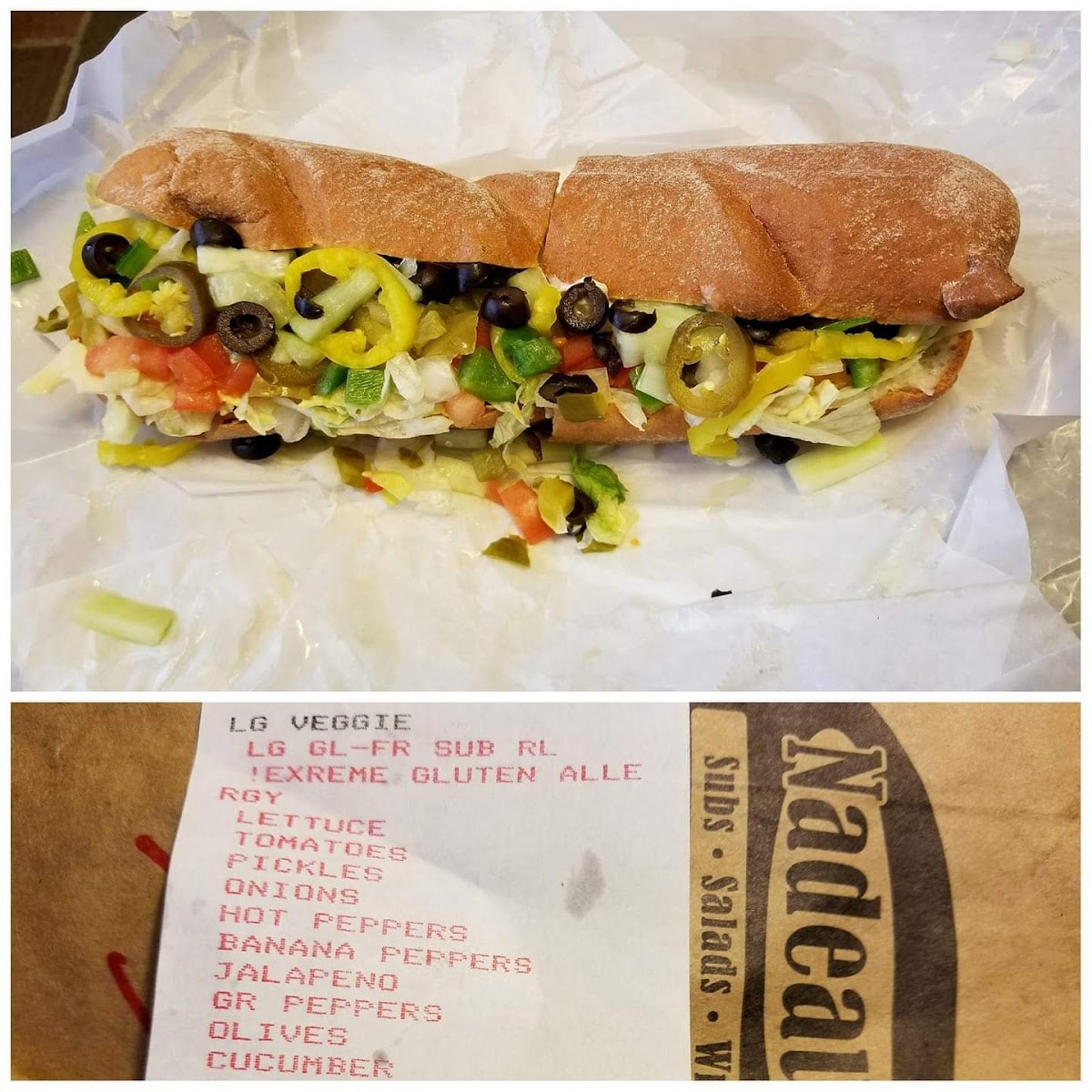 Large gluten free cold veggie sub on Udi's gluten free roll about $9.00, big delicious sandwich.