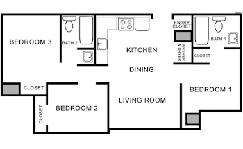 Go to Three Bed, Two Bath Furnished Floorplan page.