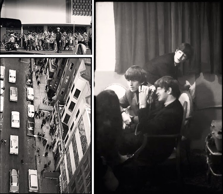 TOP LEFT: People gather near the Plaza Hotel in New York City. BOTTOM LEFT: The Beatles arrive at the Deauville Hotel for their second appearance on The Ed Sullivan Show. RIGHT: In the dressing room at the Finsbury Park Astoria for the Beatles Christmas Show.