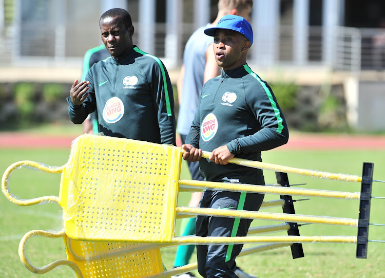 Helman Mkhalele, assistant coach of South Africa and Thabo Senong, coach of South Afric during the 2018 South Africa U20 training at University of Johannesburg Campus Soweto, Johannesburg on May 9 2018.