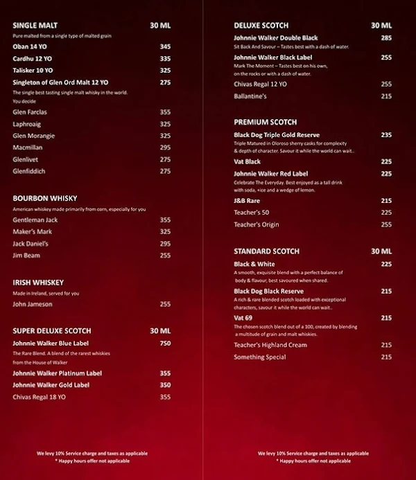 The Empire Club Bar & Lounge menu 