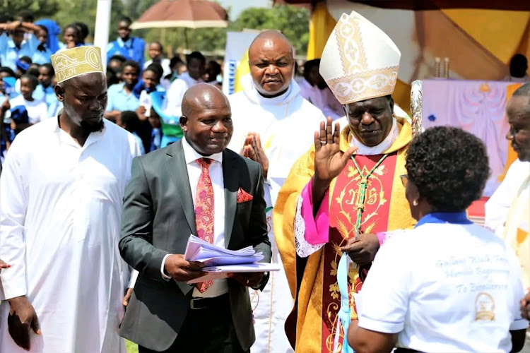 St. Mary' s high school principal Esther Amukwach when she received governor Barasa and Kakamega diocese Bishop Joseph Obanyi on June,28,2023.