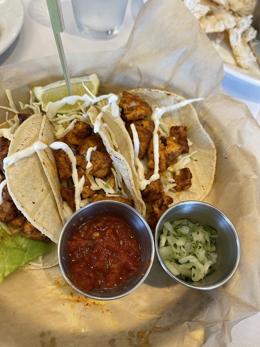 Grilled Mahi Tacos Shaved Cabbage, Salsa Roja, Mexican Crema