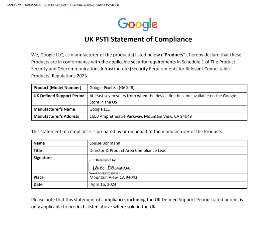 UK PSTI statement of compliance