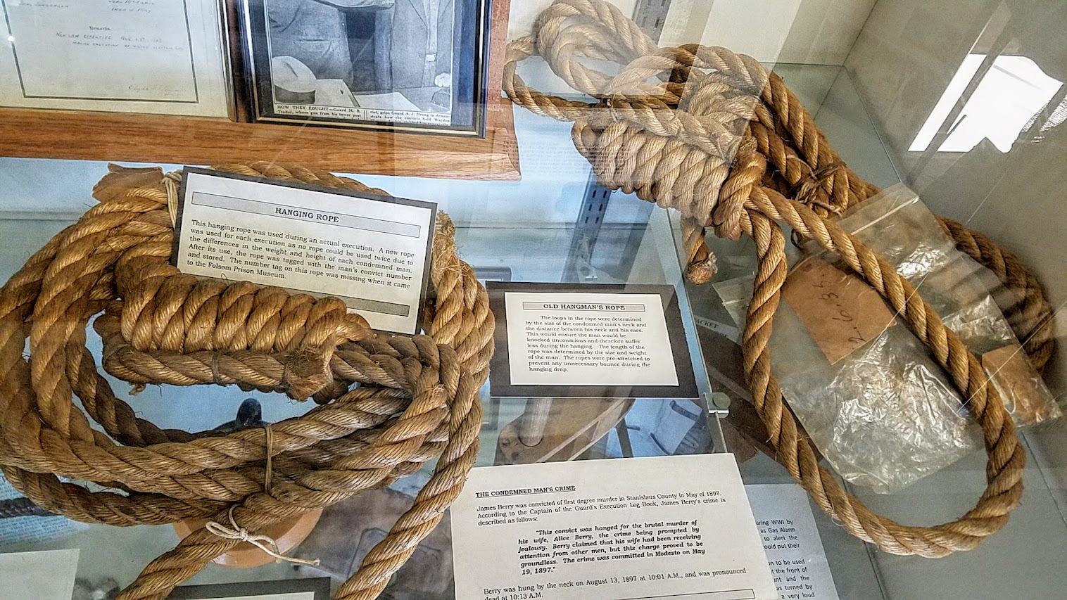 Hanging Ropes from executions. A new rope is used for each execution as no rope could be used twice due to the difference in the weight and height of each condemned man. After its use, the rope was tagged with the man's convict number and stored. From a display case while visiting the Folsom Prison Museum