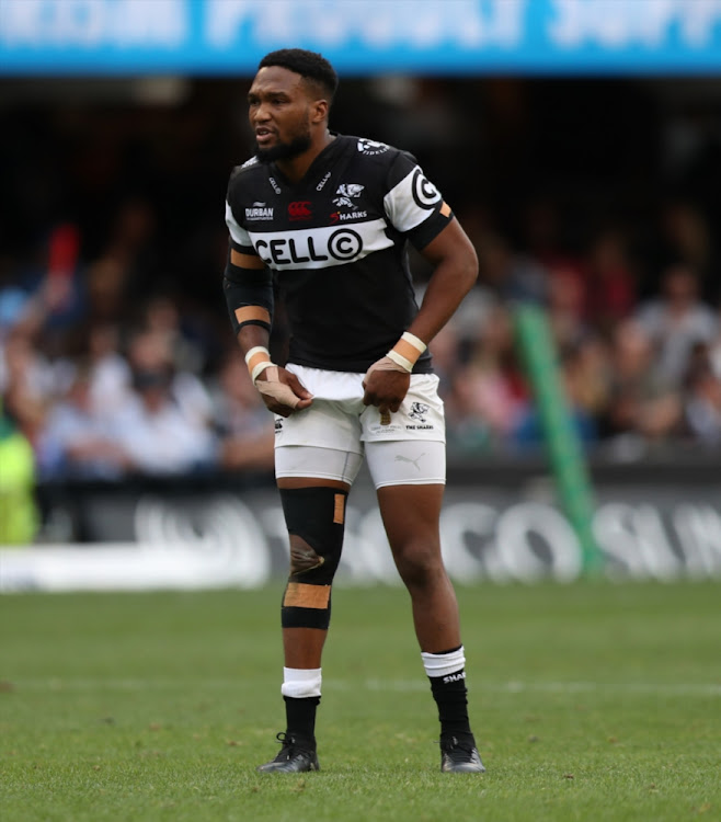 Lukhanyo Am of the Cell C Sharks during the Currie Cup Final match between Cell C Sharks and DHL Western Province at Growthpoint Kings Park on October 28, 2017 in Durban.