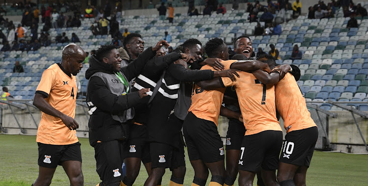 Kelvin Kampamba of Zambia celebrates a goal during the 2022 Hollywoodbets Cosafa Cup semifinal against Senegal at Moses Mabhida Stadium on July 15..