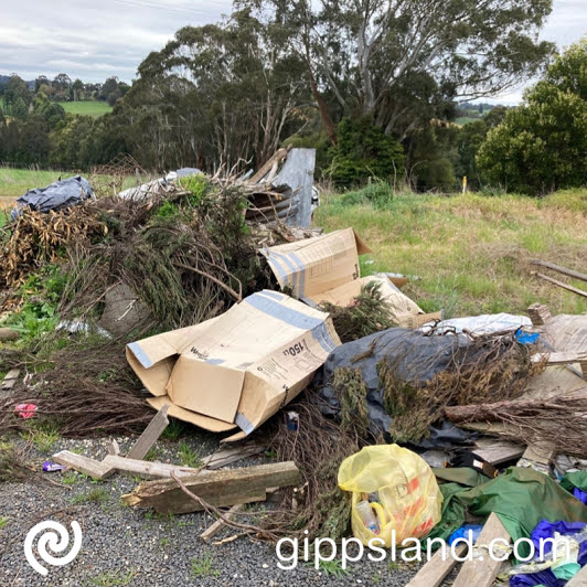 Illegally dumped rubbish on Hazeldean Road, Ellinbank