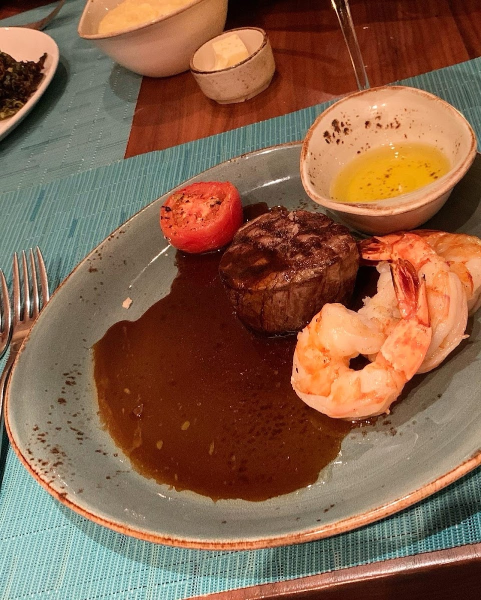 Steak with a port demi glace and shrimp