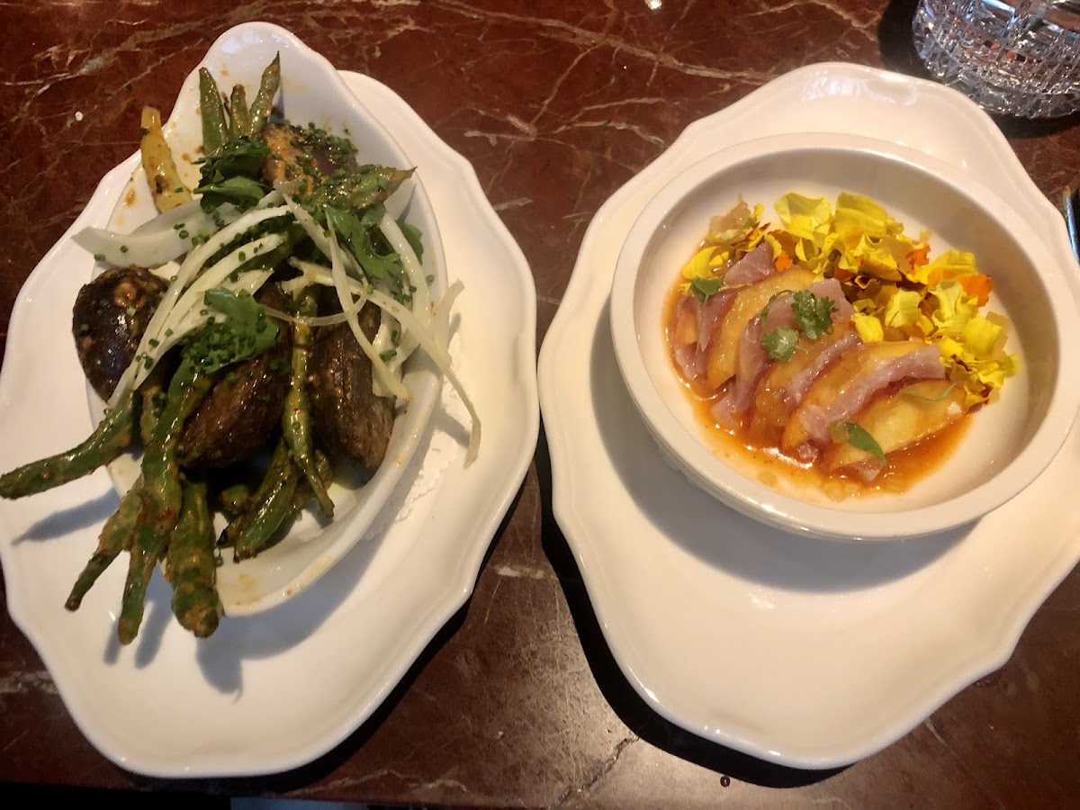 Summer beans and potatoes (left), hamachi (right)