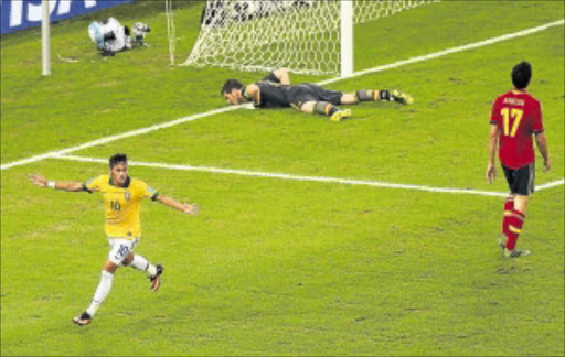 CLEAN STRIKE: Brazil's Neymar did not need goal-line technology for his goal in the Confederation Cup final win over Spain Photo: Getty Images