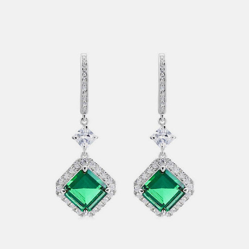 Title 5, Womens S925 Silver Emerald Square Earrings. En...
