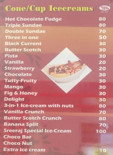 Sreeraj Lassi Bar, Commercial Street menu 