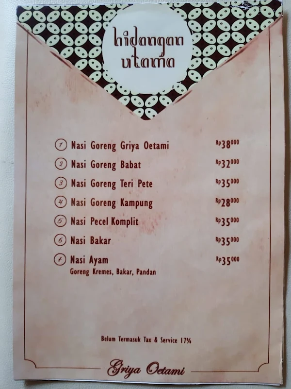 Griya Oetami menu 