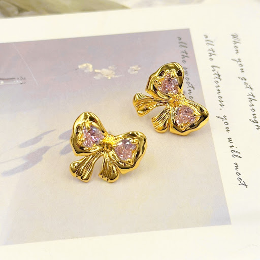 Title 4, Fashion Sweet 18K Gold Bow Loving Heart Zircon ...