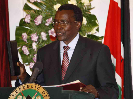 David Maraga takes his oath of office as Court of Appeal judge at State House in Nairobi, January 2012. /PPS