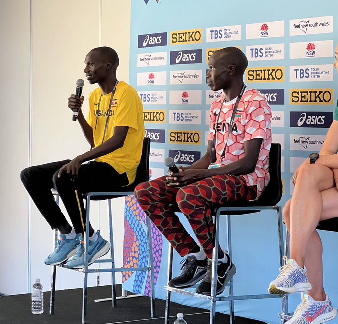 World cross country champions Joshua Cheptegei and two-time winner Geoffrey Kamworor during a press conference ahead of the 2023 World Cross Country Championships in Bathurst , Australia.