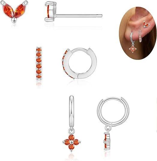 Brincos de 3 peças com pedras de nascimento de zircônia coloridas, perfeitos para presentear e realçar seu estilo com um toque especial.