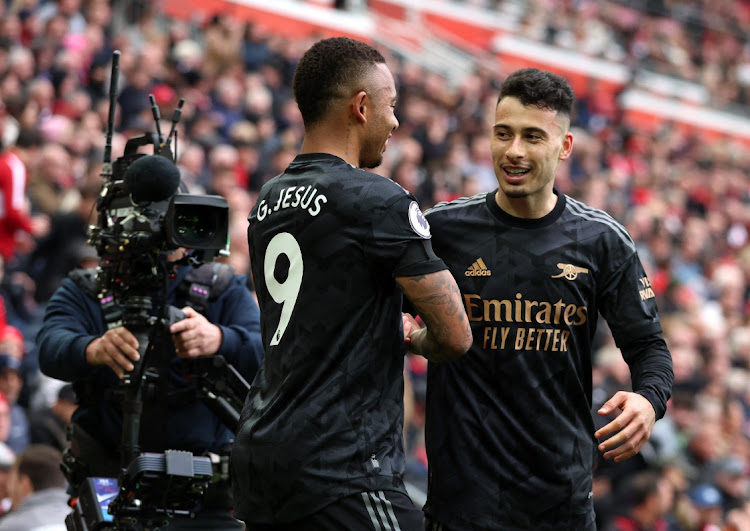 Arsenal's Gabriel Jesus celebrates Gabriel Martinelli against Liverpool. REUTERS/Phil Noble EDITORIAL USE ONLY.