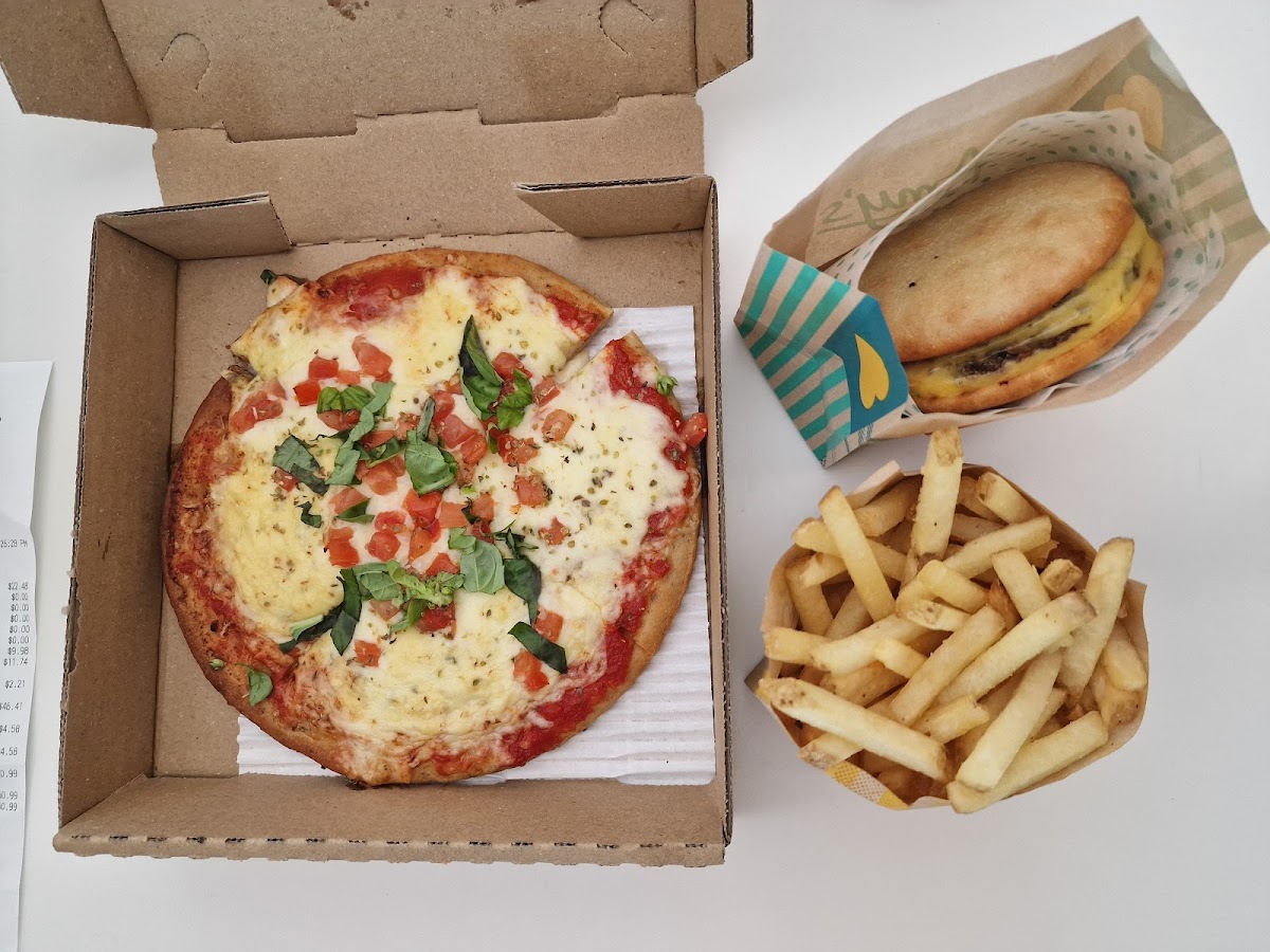 Gluten-free Amy Burger, fries and Margherita Pizza