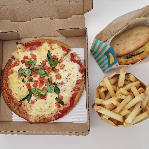 Gluten-free Amy Burger, fries and Margherita Pizza