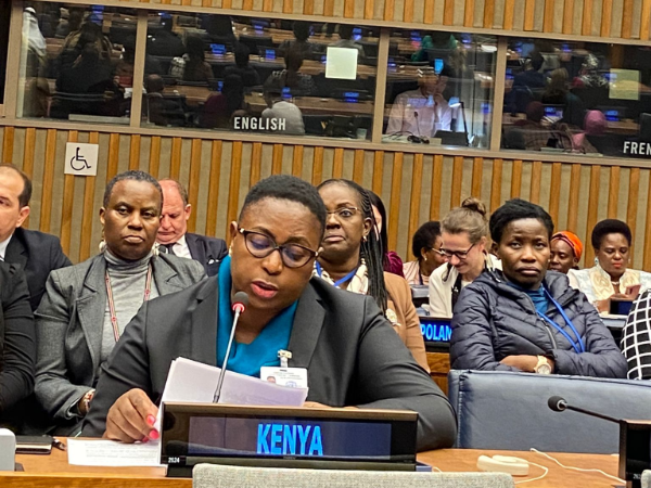 Gender CS Aisha Jumwa giving her public status during 68th Commission on the Status of Women conference on March 13,2024.