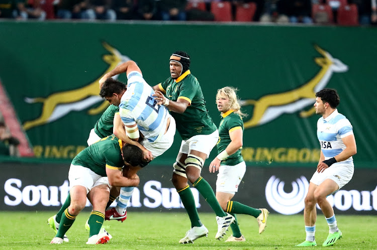 Marco van Staden and Pieter-Steph du Toit tackle Pablo Matera of Argentina during the Rugby Championship clash at Ellis Park. The Springboks' defence again featured prominently.