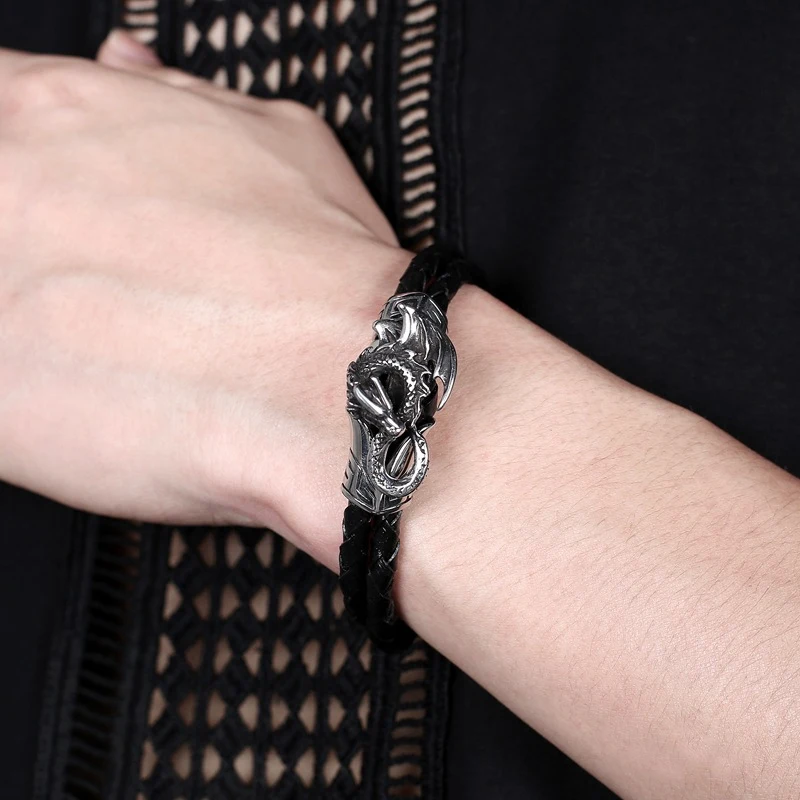 Pulseira simples de couro genuíno com corda trançada e anel duplo Aço Titânio Dragão Moda