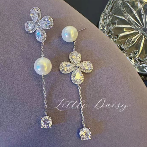 Title 3, Asymmetric Flower Pearl Tassel Female Stud Earr...