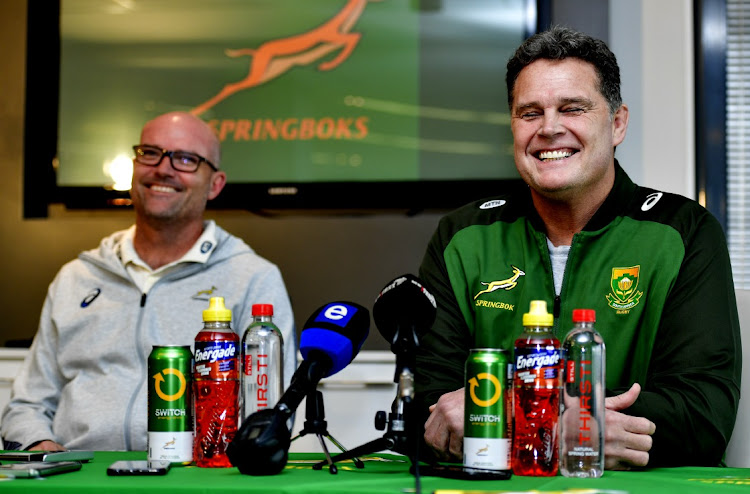 Springbok coach Jacques Nienaber and SA Rugby director of rugby Rassie Erasmus during the Boks' media briefing at Saru House in Cape Town on May 25 2023.