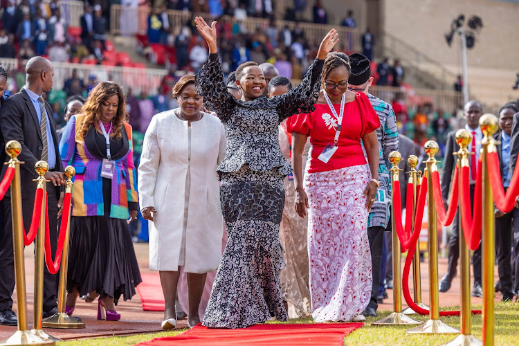 Reverend Kathy Kiuna, Second Lady Dorcas Gachagua, First Lady Rachel Ruto and other dignitaries at the Benny Hinn mega crusade at Nyayo Stadium on February 24, 2023