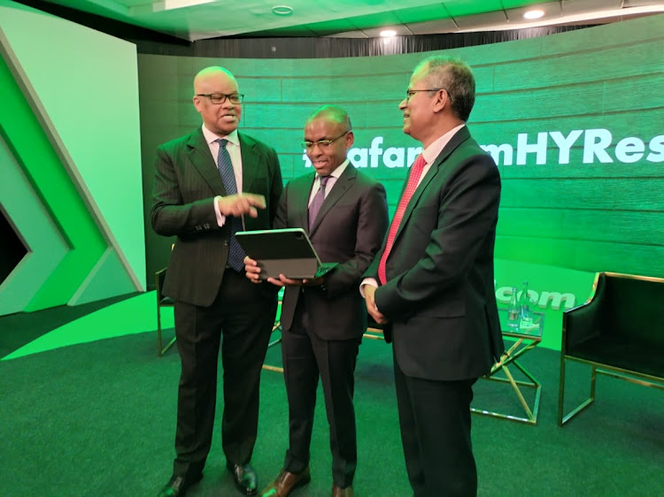 New Safaricom chairman John Safaricom chair John Ngumi makes maiden show for company, CEO Peter Ndegwa and CFO Dilip Pal at the firm's investor briefing for H1 2022 results in Nairobi.