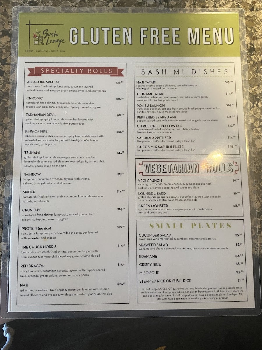 Gluten Free Menu as of 7/20/21