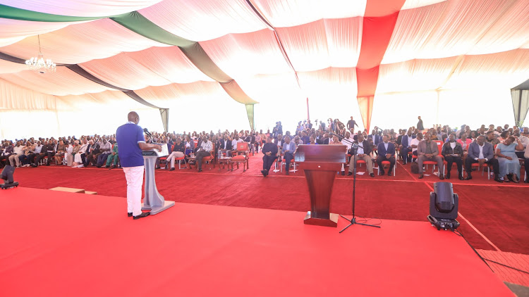 President William Ruto giving his speech at the Joint National Executive Retreat and Parliamentary Group consultative meeting in Naivasha, Nakuru, on February 19, 2024