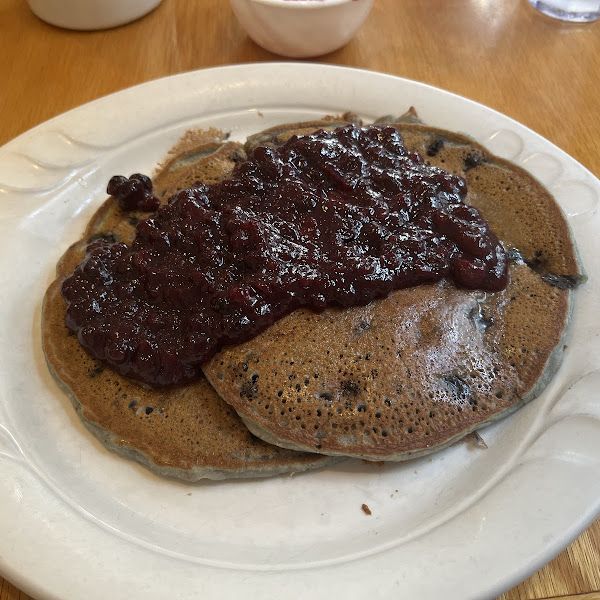 Gluten free blueberry pancakes w/ blueberry compote