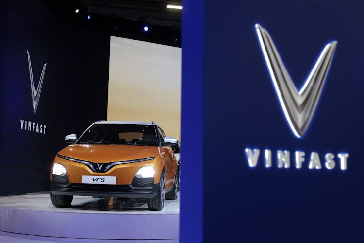 A VinFast VF 5 electric vehicle is displayed at the VinFast booth at CES 2022 at the Las Vegas Convention Center in Las Vegas, Nevada.