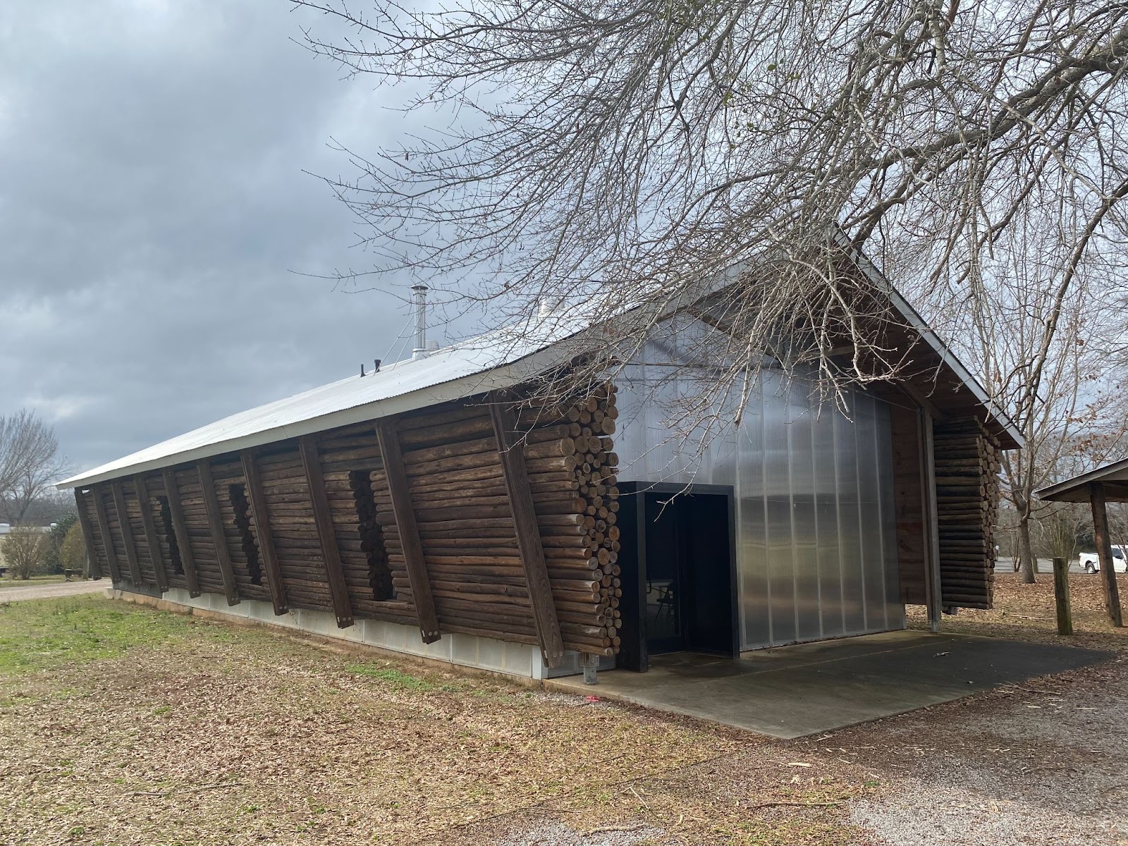 A long log building. 