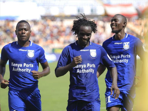 Bandari's William Wadri (C) celebrates the goal against Simba SC at Dar es Salaam National Stadium, January 25, 2019. /COURTESY