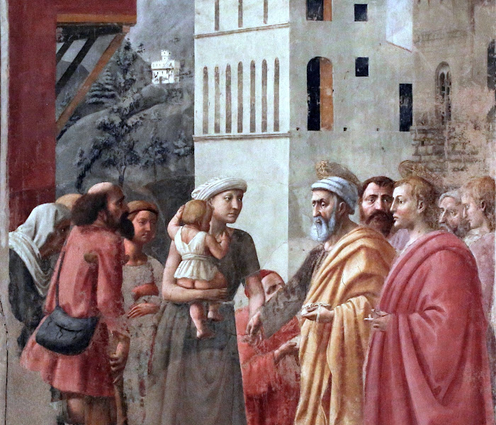 Masaccio, Distribuzione delle elemosine e la morte di Anania (particolare), affresco nella Cappella Brancacci, Santa Maria del Carmine, Firenze
