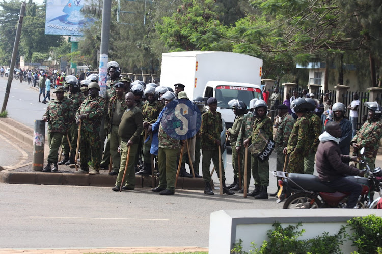 Police officers along Nairobi road in Kisumu on March 27, 2023.